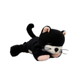 Black and white plush toy cat on a white background