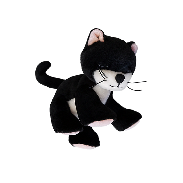 Black and white plush toy cat on a white background