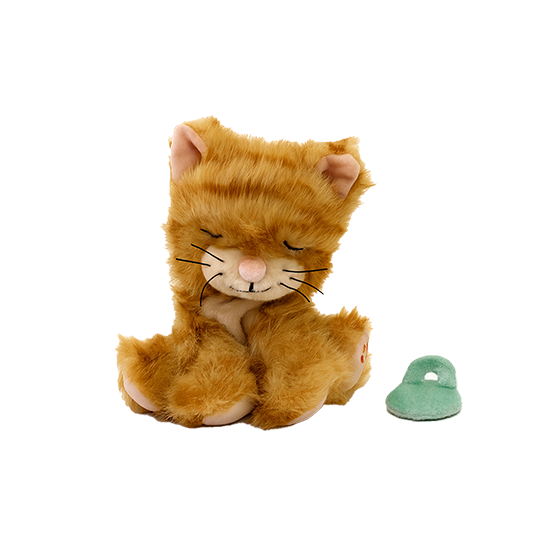 Plush cat toy with a green tag on a white background