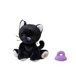 Black plush cat toy with a purple tag on a white background
