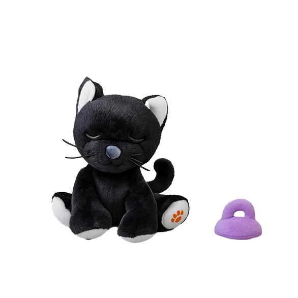 Black plush cat toy with a purple tag on a white background