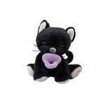 Black plush toy with a purple heart on a white background