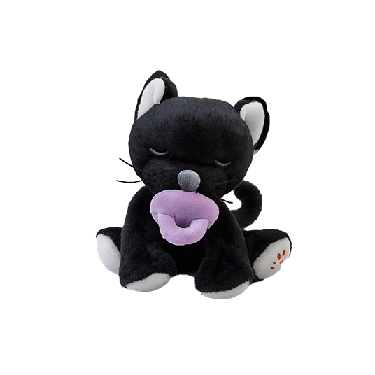 Black plush toy with a purple heart on a white background