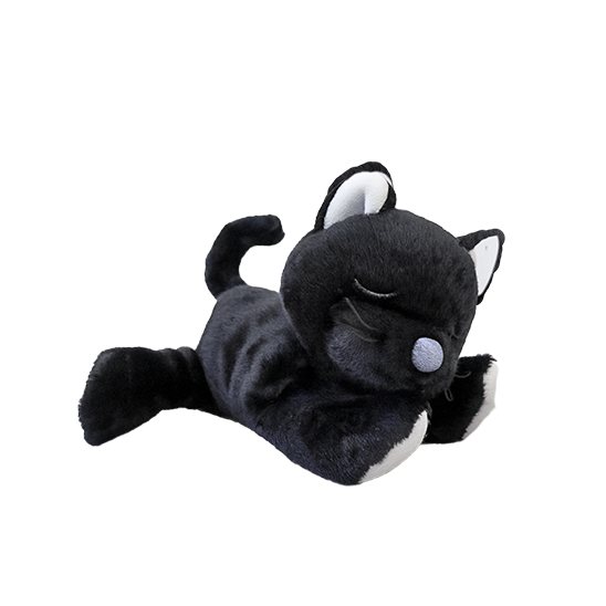 Black and white plush toy on a white background