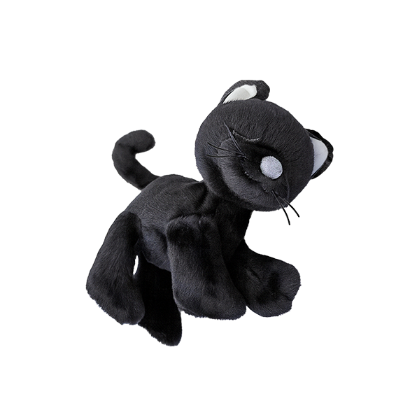 Black plush toy cat on a white background