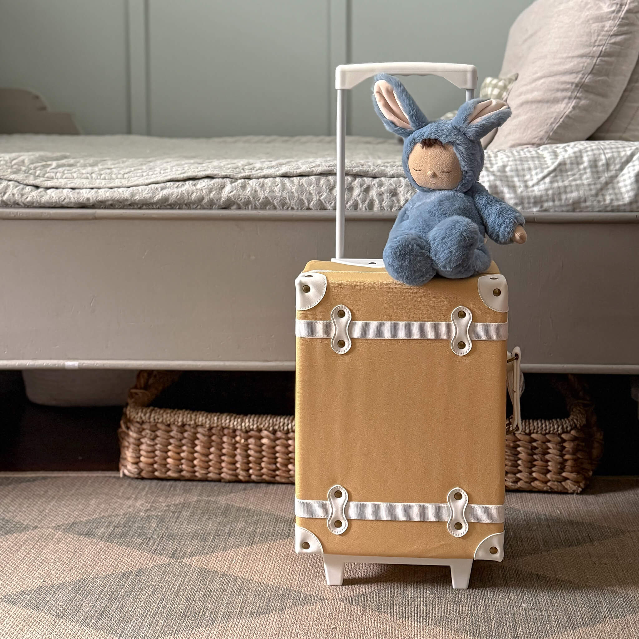 Olli Ella Cozy Dinkum Bunny Twiggy Blue on children's suitcase