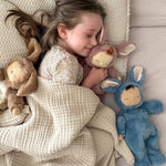 Olli Ella Cozy Dinkum Bunny Twiggy Blue with girl hugging