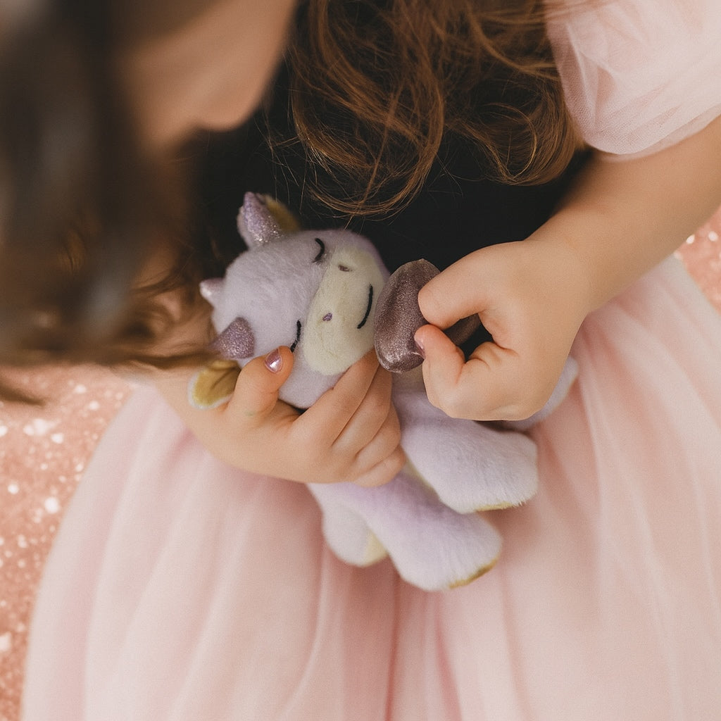 Child holding a plush toy with a pink dress and sequined skirt