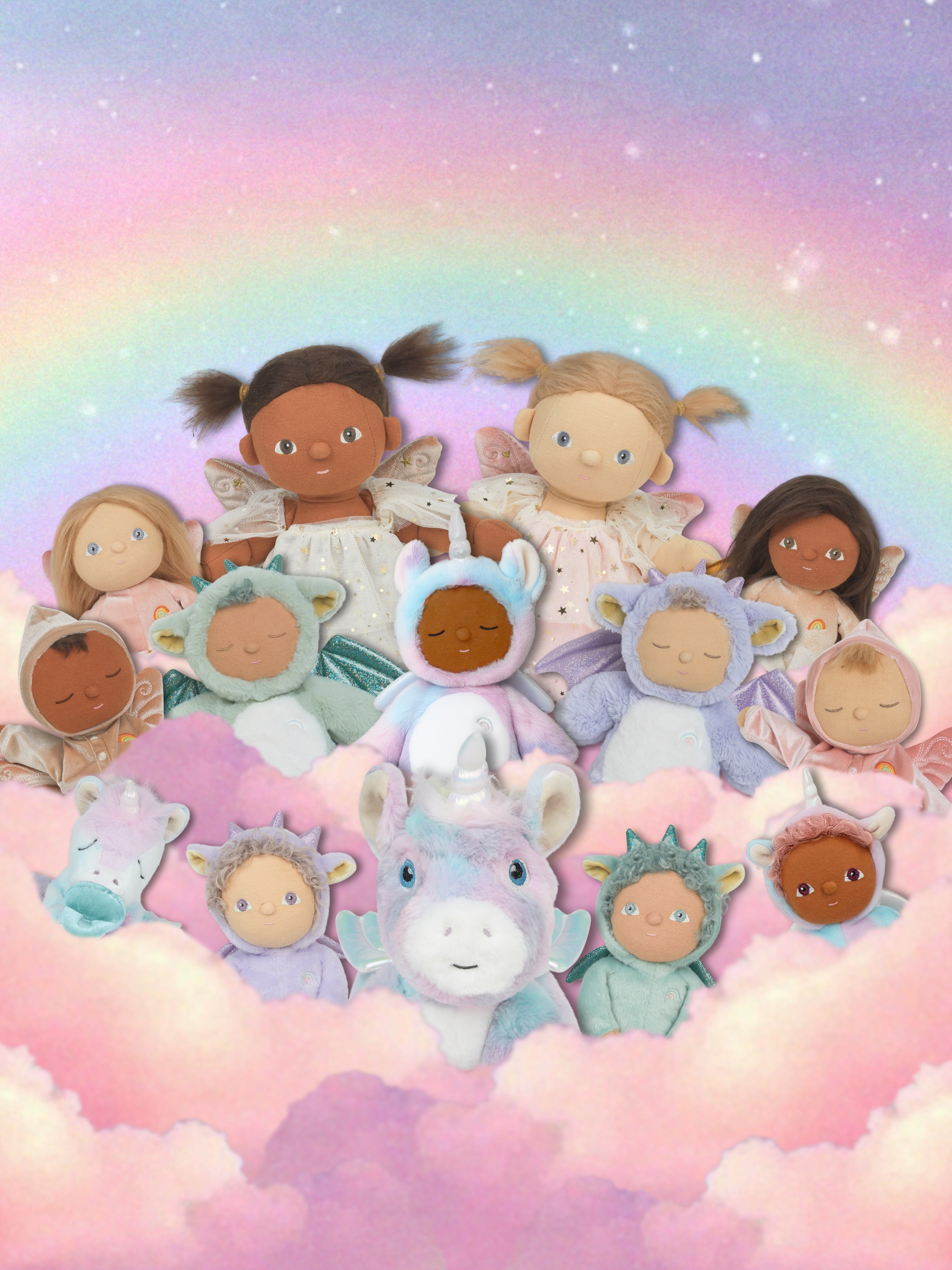 Dolls with diverse hair colors and outfits on a cloud with a rainbow background