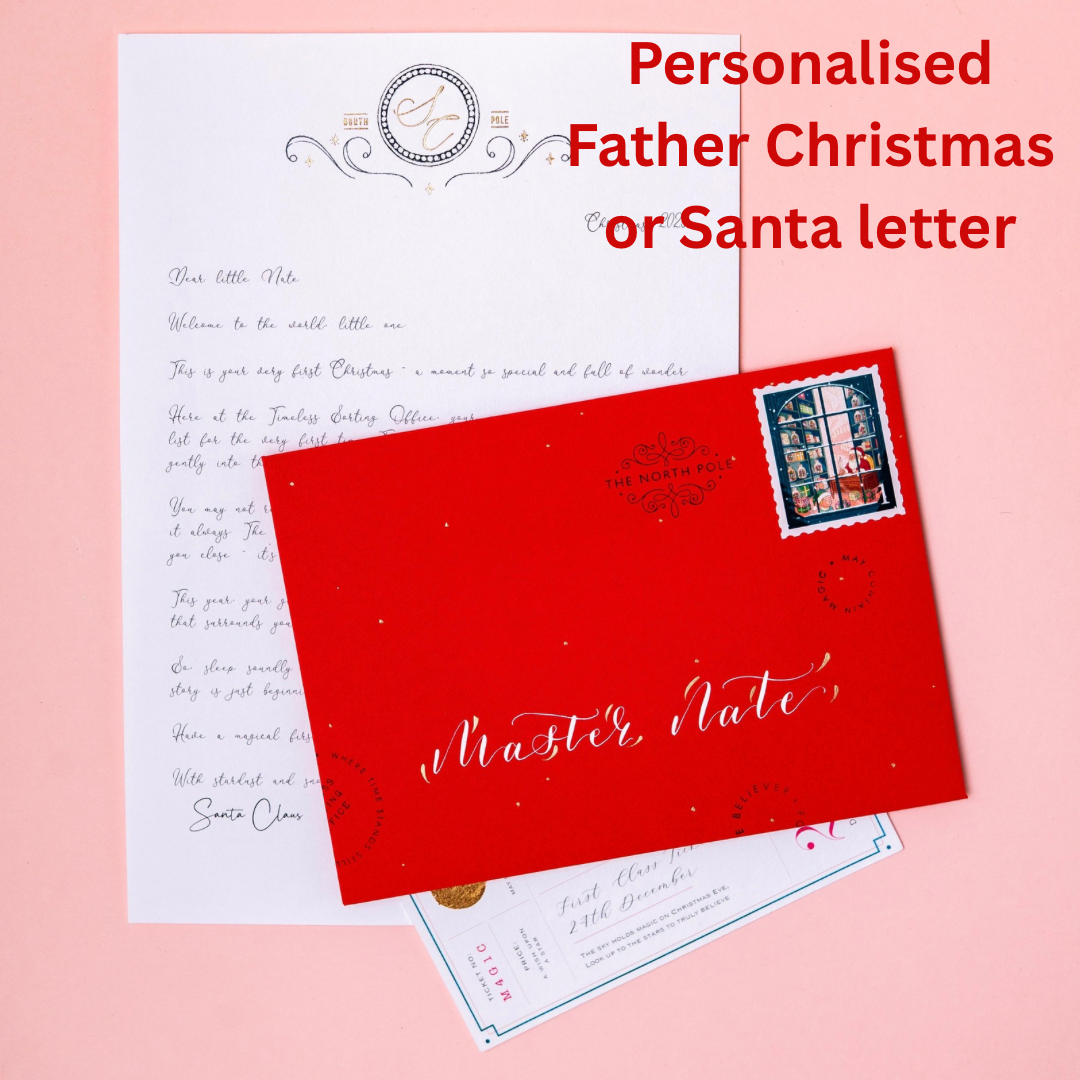 Personalised Father Christmas or Santa letter with a red envelope on a pink background
