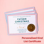 Personalised Kind List Certificate from Father Christmas on a pink background